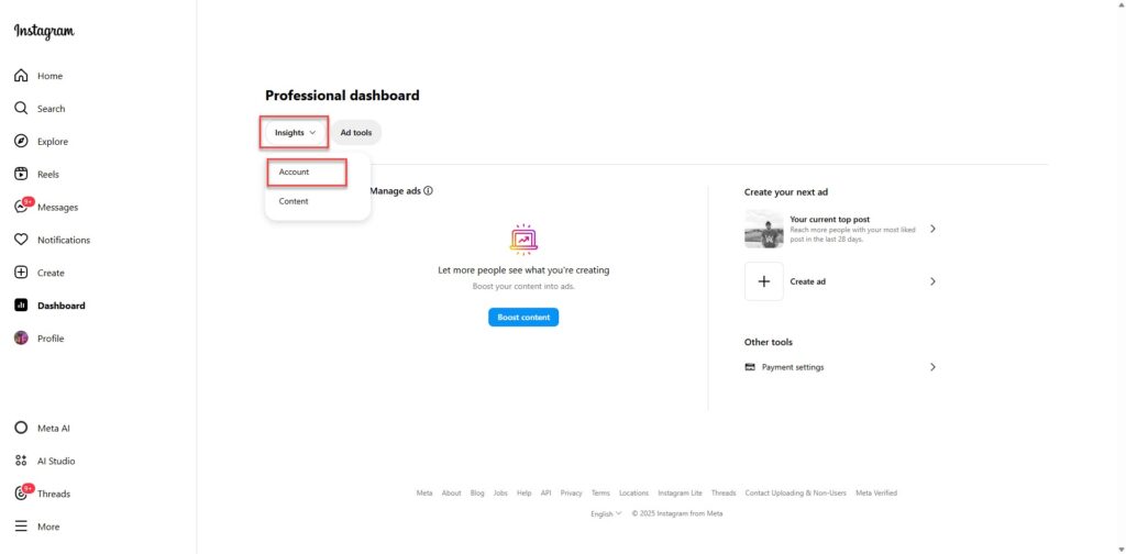 click on insights and account