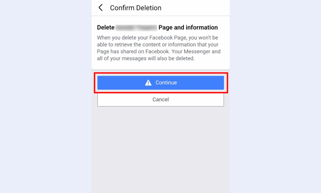 confirm facebook page deletion