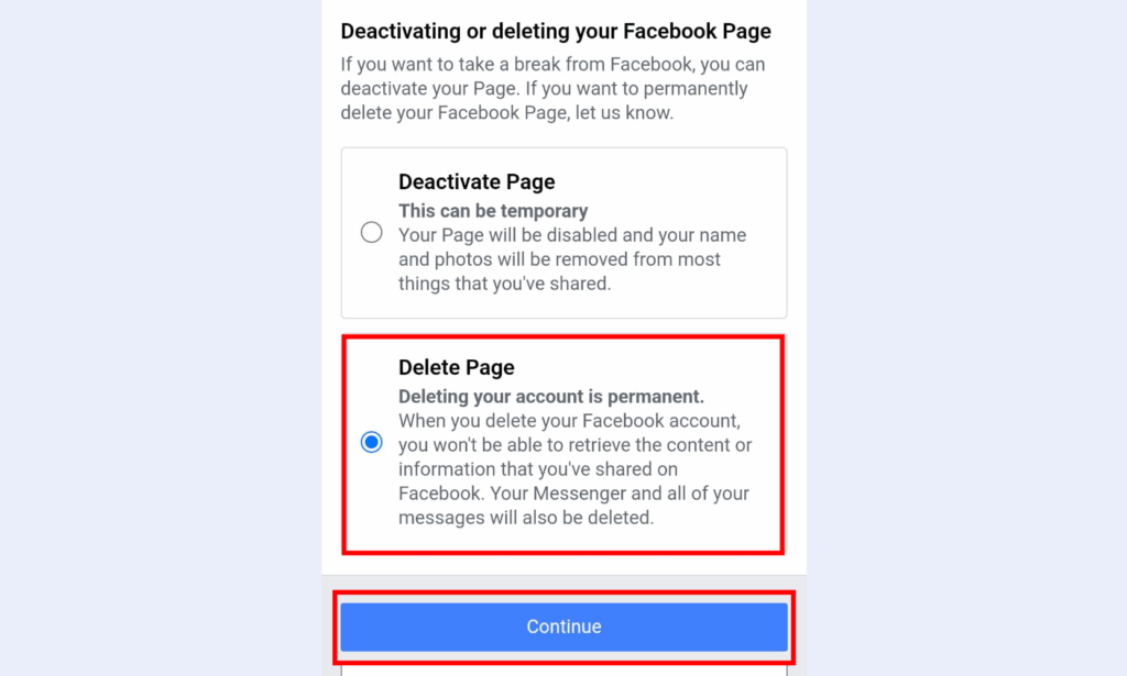 delete facebook page