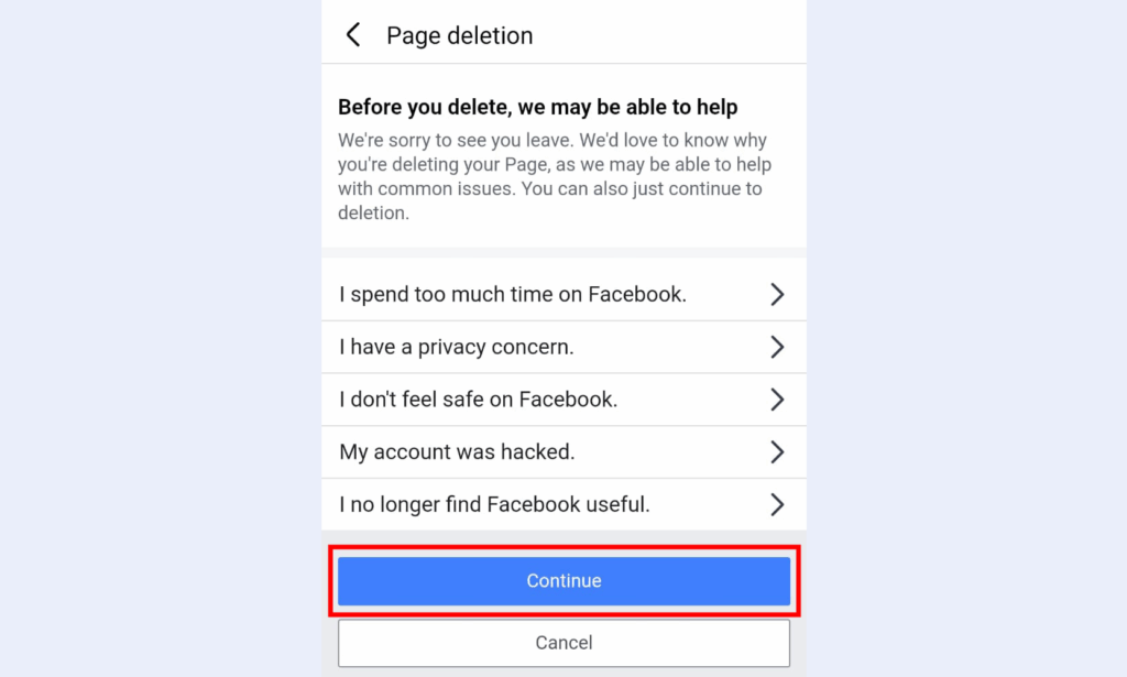 facebook page deletion reason