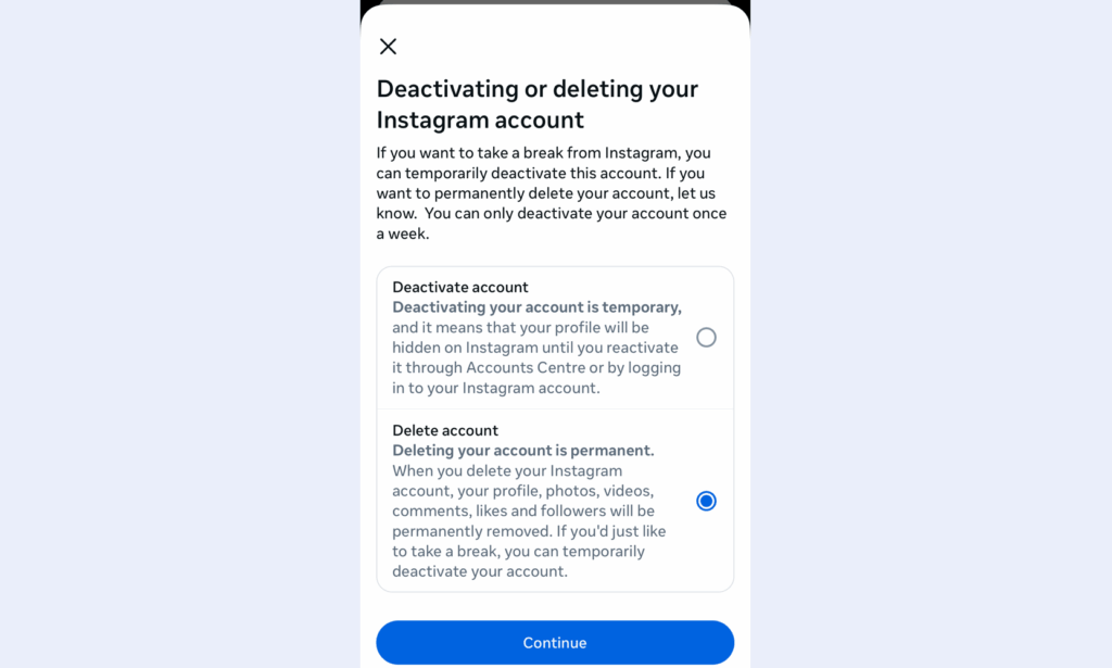 confirm instagram account deletion